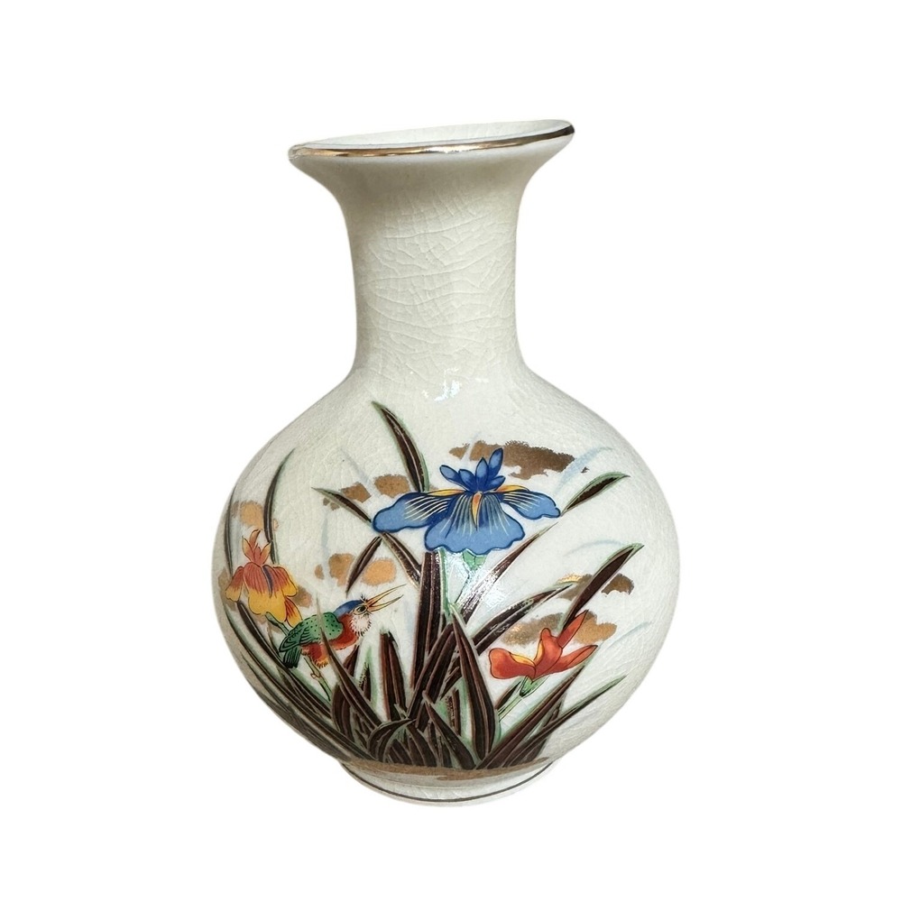 Vintage Japanese Satsuma Style Crackle Glaze Vase Kingfisher Iris Gold Trim 8"